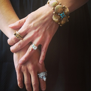 Elizabeth Doyle wearing her collection of antique rings