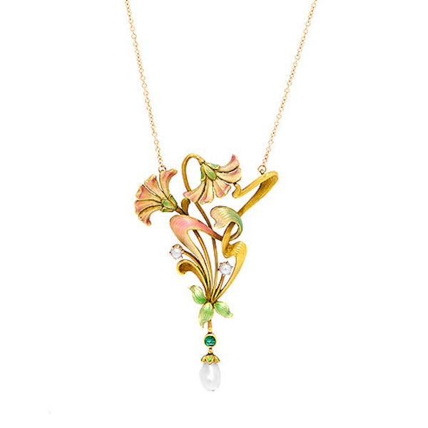 Art Nouveau Emerald Pearl Enamel Necklace