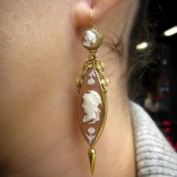 Georgian Shell Cameo Drop Earrings