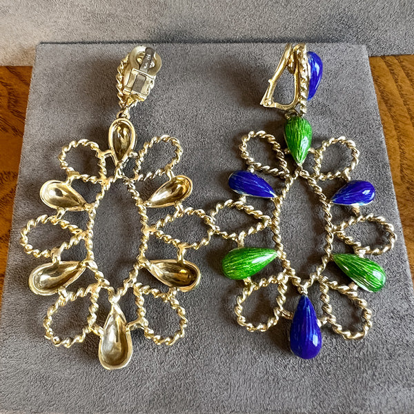 Vintage Blue & Green Enamel Earrings sold by Doyle and Doyle an antique and vintage jewelry boutique