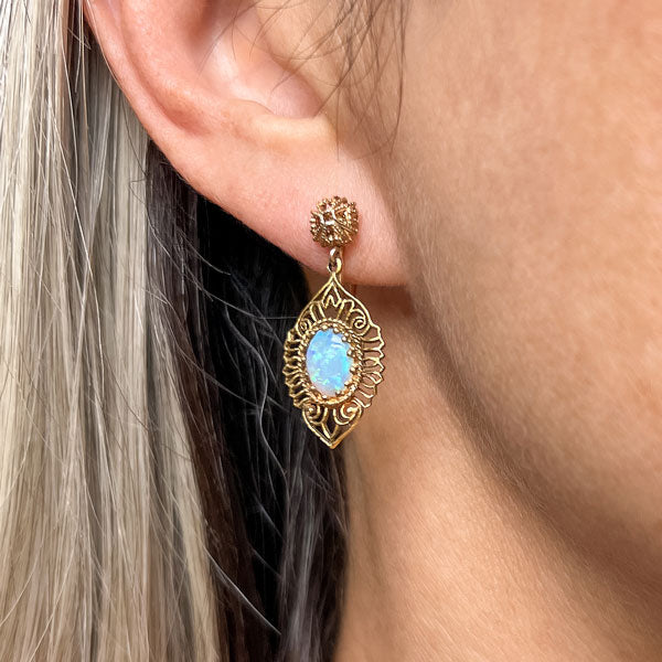 Vintage Filigree Opal Drop Earrings sold by Doyle and Doyle an antique and vintage jewelry boutique