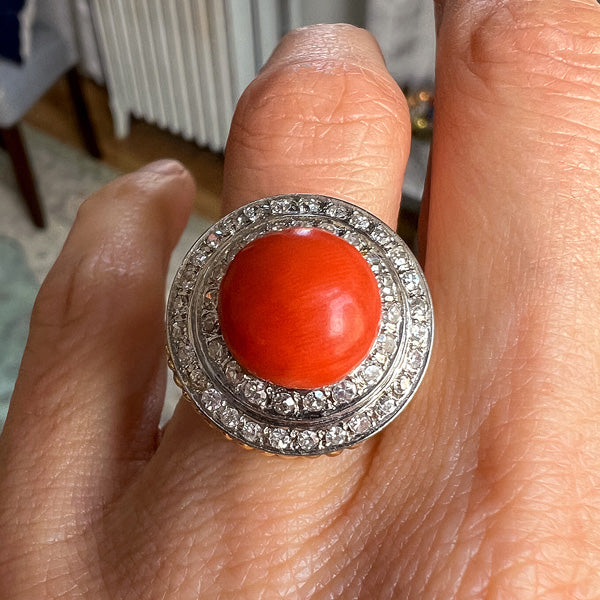 Vintage Coral & Diamond Ring sold by Doyle and Doyle an antique and vintage jewelry boutique