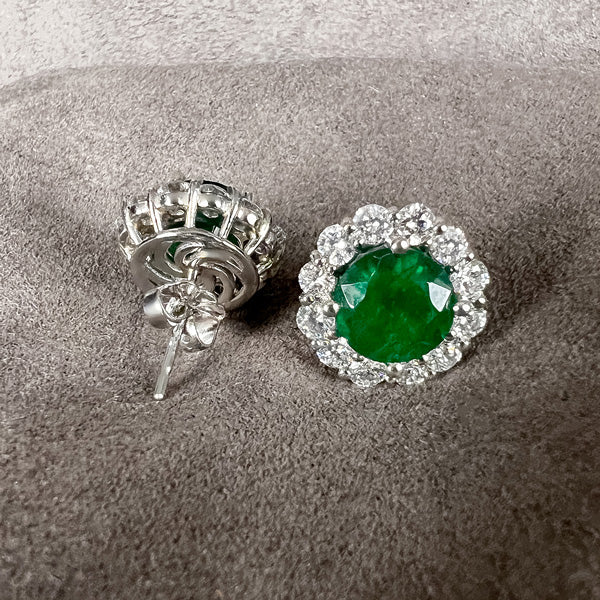 Estate Emerald & Diamond Halo Earrings sold by Doyle and Doyle an antique and vintage jewelry boutique