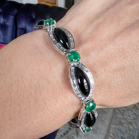 Estate Emerald, Onyx & Diamond Bracelet sold by Doyle and Doyle an antique and vintage jewelry boutique