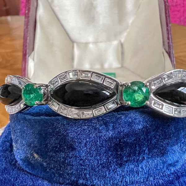 Estate Emerald, Onyx & Diamond Bracelet sold by Doyle and Doyle an antique and vintage jewelry boutique