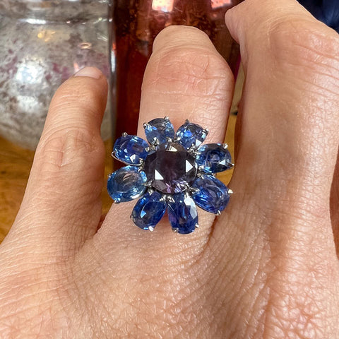 Vintage Sapphire Flower Ring sold by Doyle and Doyle an antique and vintage jewelry boutique
