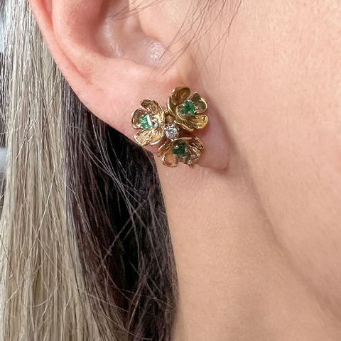 Vintage Diamond & Emerald Flower Earrings sold by Doyle and Doyle an antique and vintage jewelry boutique