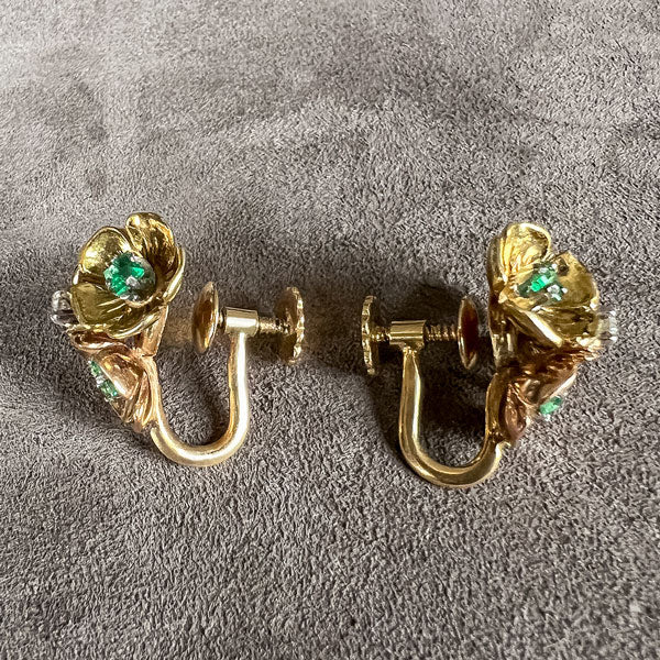 Vintage Diamond & Emerald Flower Earrings sold by Doyle and Doyle an antique and vintage jewelry boutique