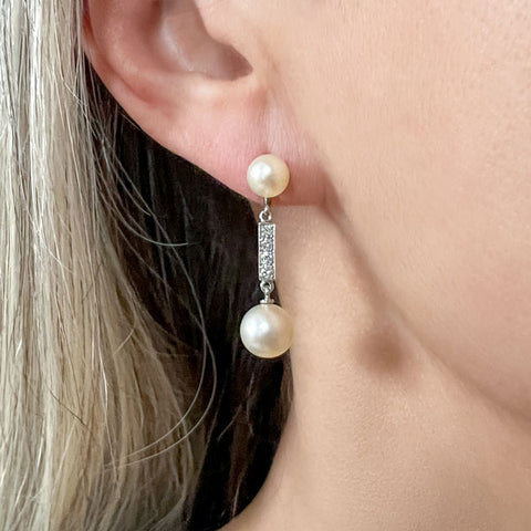 Vintage Pearl & Diamond Drop Earrings sold by Doyle and Doyle an antique and vintage jewelry boutique