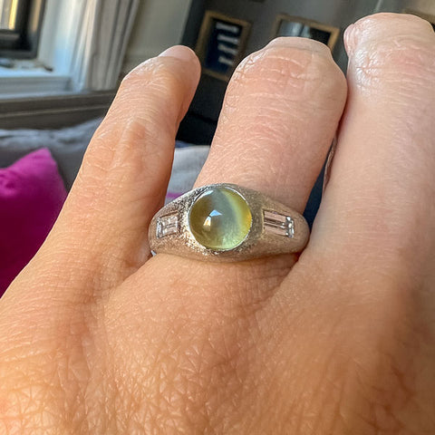 Vintage Cat's Eye Chrysoberyl & Baguette Ring sold by Doyle and Doyle an antique and vintage jewelry boutique