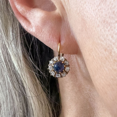 Antique Cabochon Sapphire & Diamond Earrings