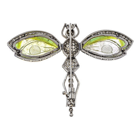 Diamond & Carved Green Stone Dragonfly Brooch sold by Doyle and Doyle an antique and vintage jewelry boutique