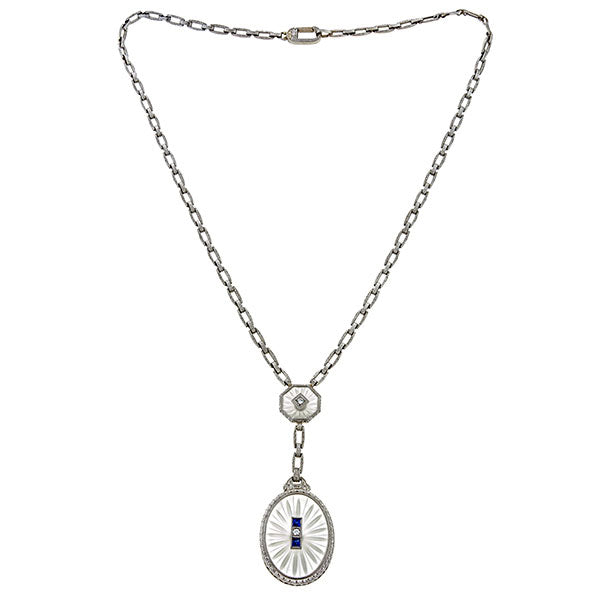 Art Deco Rock Crystal, Diamond & Sapphire Necklace sold by Doyle & Doyle an antique & vintage jewelry store.