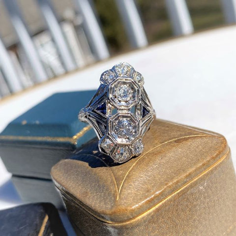 Art Deco Diamond & Sapphire Dinner Ring sold by Doyle and Doyle an antique and vintage jewelry boutique