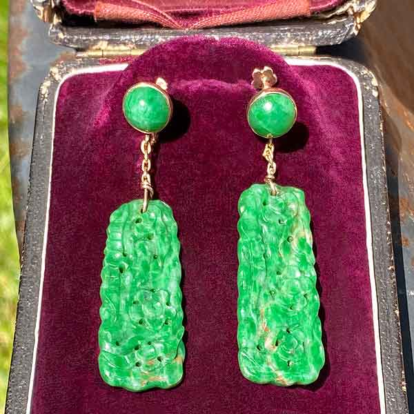 Vintage Carved Jade Drop Earrings sold by Doyle and Doyle an antique and vintage jewelry boutique