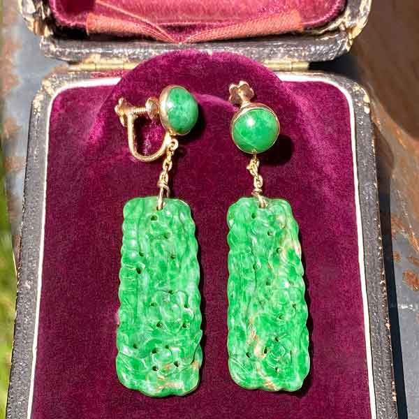 Vintage Carved Jade Drop Earrings sold by Doyle and Doyle an antique and vintage jewelry boutique