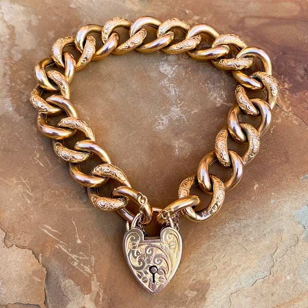 Antique Edwardian Curb Link Bracelet with Heart Lock 9k Gold