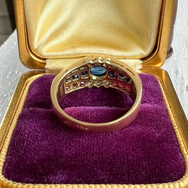 Sapphire, Ruby, Emerald & Diamond Ring sold by Doyle and Doyle an antique and vintage jewelry boutique