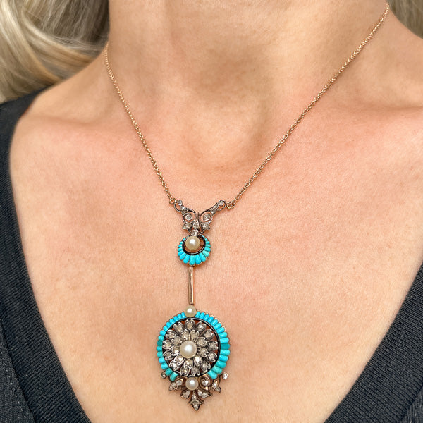 Victorian Turquoise & Diamond Pendant Necklace, sold by Doyle & Doyle antique and vintage jewelry boutique