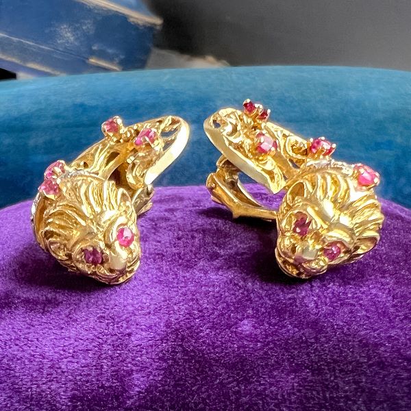 Vintage Ruby and Diamond Lion Earrings, from Doyle & Doyle antique and vintage jewelry boutique
