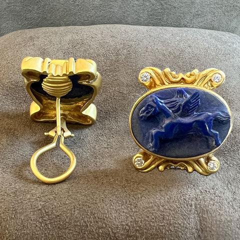 Vintage Lapis Cameo Clip Earrings sold by Doyle and Doyle an antique and vintage jewelry boutique