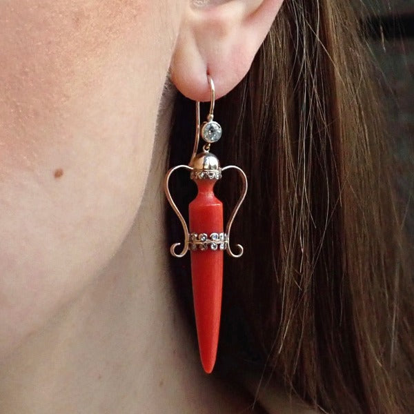Victorian Coral & Diamond Amphora Earrings sold by Doyle and Doyle an antique and vintage jewelry boutique