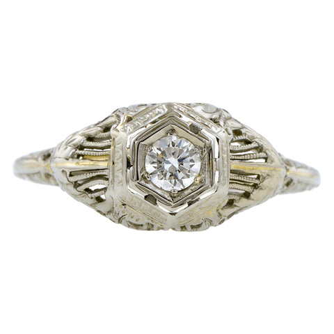 Art Deco Engagement Ring, RBC Diamond 0.15ct, sold by Doyle & Doyle an antique and vintage jewelry store.