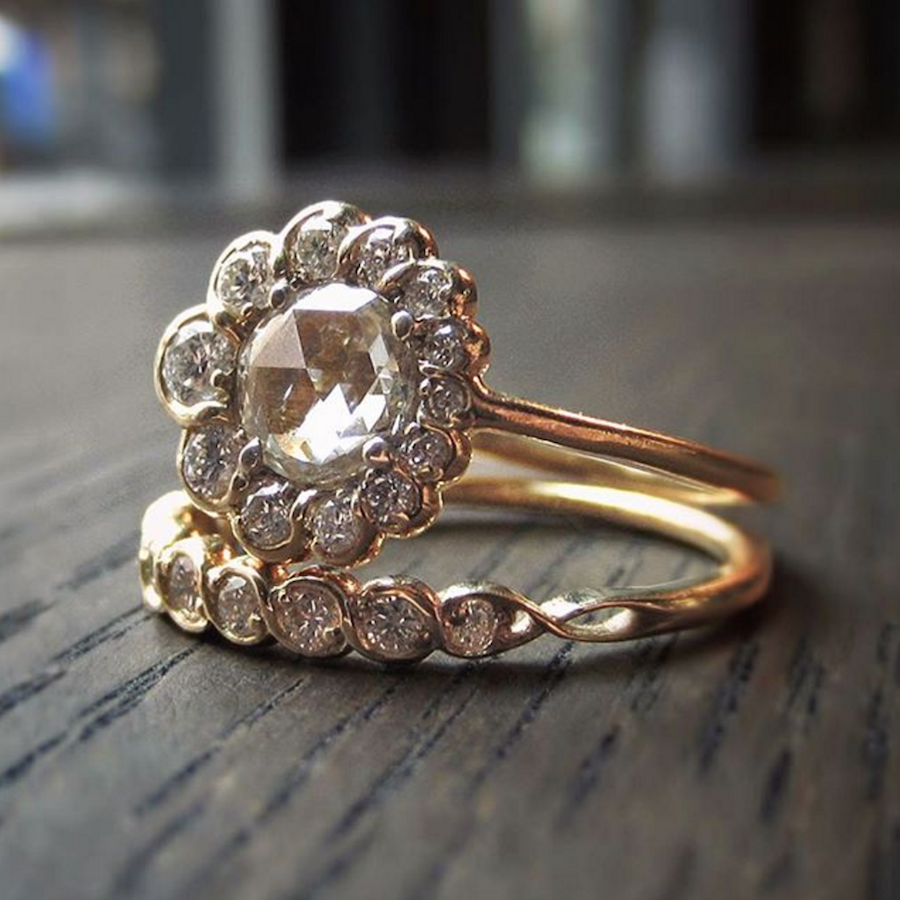 Doyle & Doyle's rose cut diamond crescent ring and band.