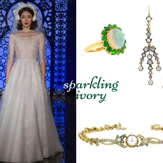 Vintage and antique wedding jewelry from Doyle & Doyle with gown from Reem Acra.