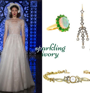 Vintage and antique wedding jewelry from Doyle & Doyle with gown from Reem Acra.