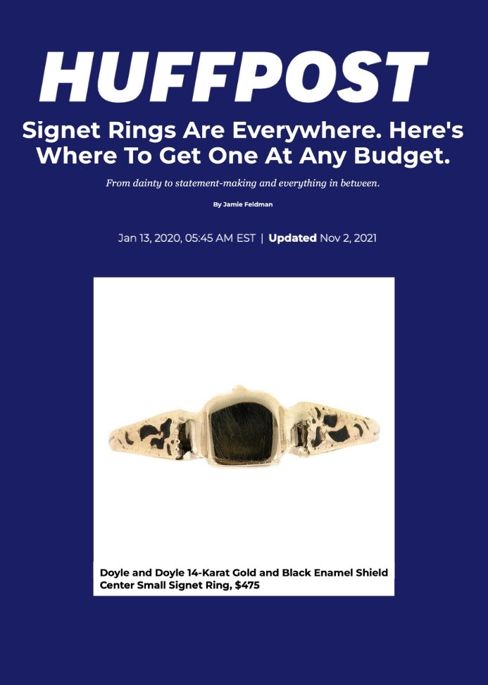 This image depicts a vintage signet ring and the cover to an article about signet rings and where to get them.