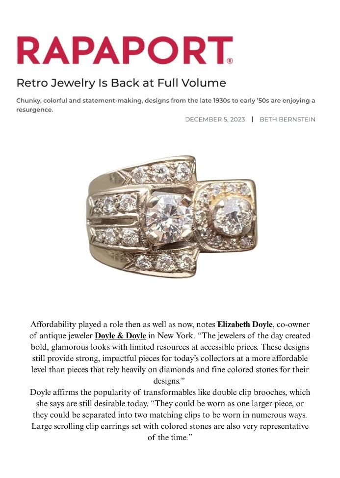 This image shows a retro diamond ring which is featured in an article in Rapaport discussing Retro jewelry from the late 1930s to early 1950s.
