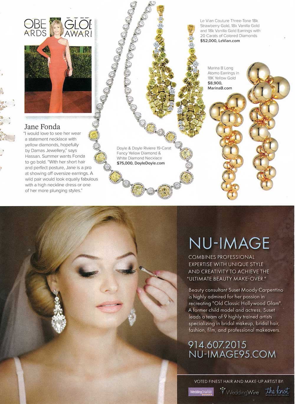 This image depicts luxurious diamond jewelry from Doyle & Doyle and Le Vian alongside a bridal beauty image.