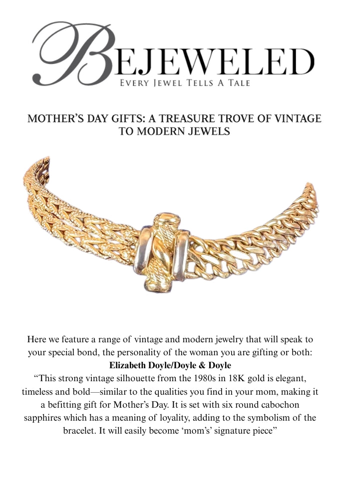 This image shows an article from Bejeweled featuring a vintage gold bracelet suggested as a Mother's Day gift.