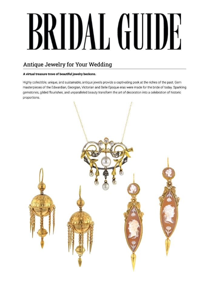 This image shows an article from Bridal Guide suggesting antique jewelry for your wedding. It features antique earrings and a necklace.