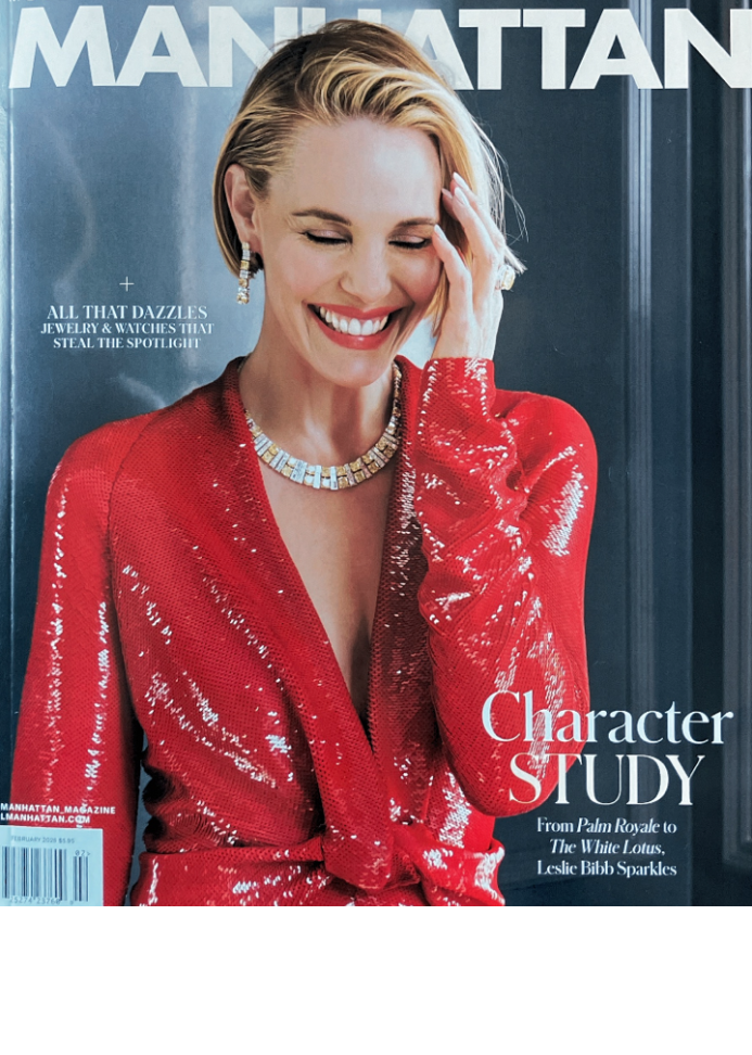 This image shows the cover of Manhattan magazine featuring Leslie Bibb. The article features jewelry from the best independent jewelry stores in NYC.