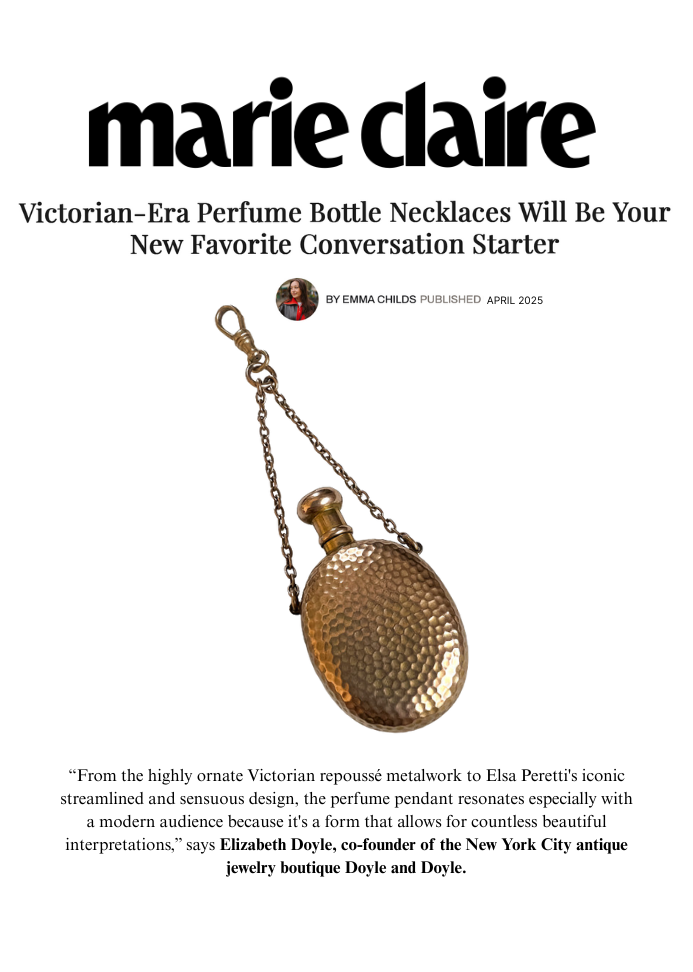 This image features an article from Marie Claire about Victorian Perfume Bottle Necklaces and features a rose gold perfume pendant.