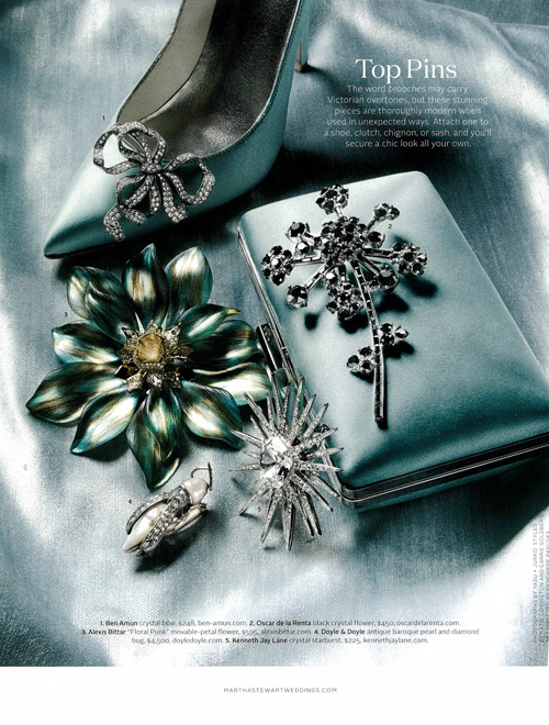 This image features a collection of decorative brooches, including a large floral piece, a snowflake design, and a stylized bug, along with a pair of high-heeled shoes and a clutch bag, showcasing versatile jewelry styles.