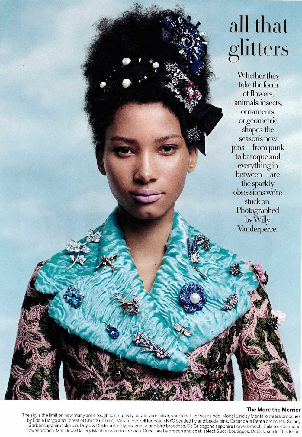 This image features model Selah Marley wearing a variety of jeweled pins and accessories from designers like Doyle & Doyle, Edie Borgo, Forest of Chintz, and Patch NYC. 