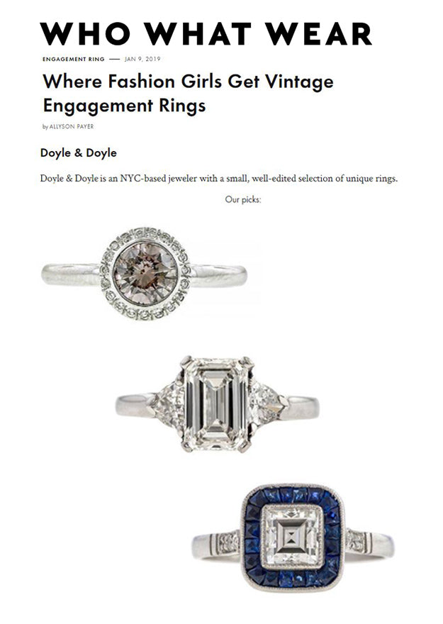 This image depicts three engagement rings from Doyle & Doyle featured in an article in Who What Wear January 2019
