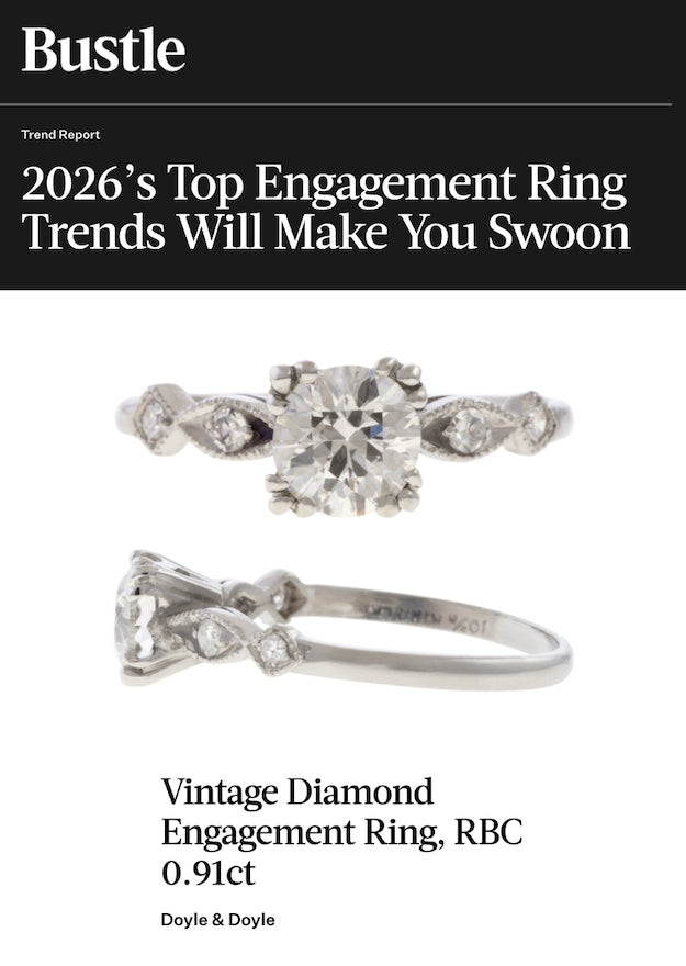 This image shows a vintage diamond engagement ring featured in Bustle Magazine Febuary 2026's article Top Engagement Ring Trends Will Make You Swoon