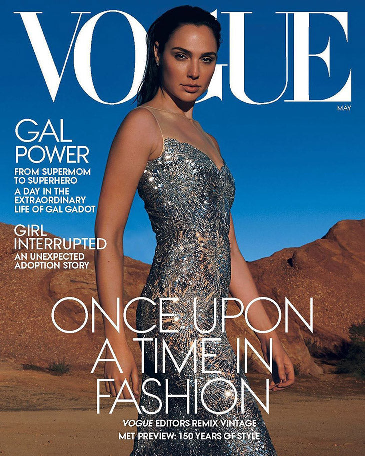 This image shows a Vogue cover depicting Gal Gadot. The image from inside the magazine depicts Imaan Hammam styled in vintage clothing and jewelry as a Vogue editor. 