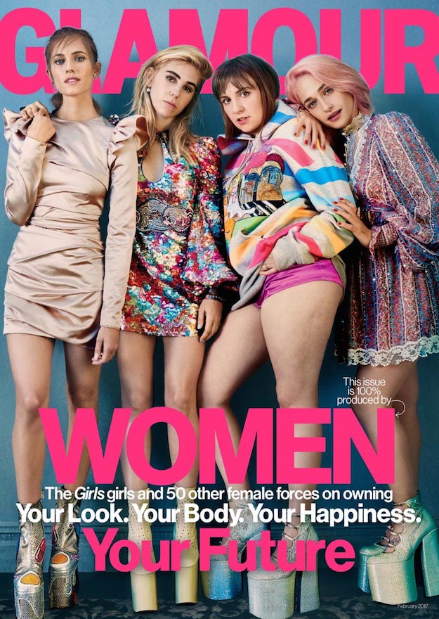 This image depicts the Girls cast on the cover of Glamour Feb 2017