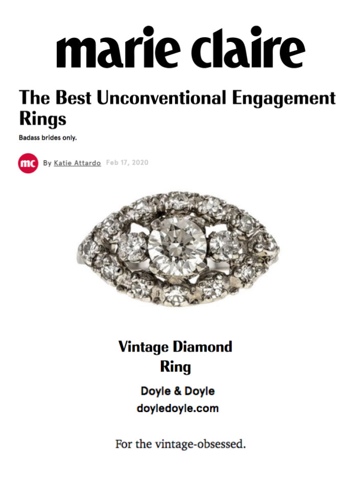 An image depicting a vintage engagement ring from Doyle & Doyle in New York featured in an article in Marie Claire about the best unconventional vintage engagement rings 