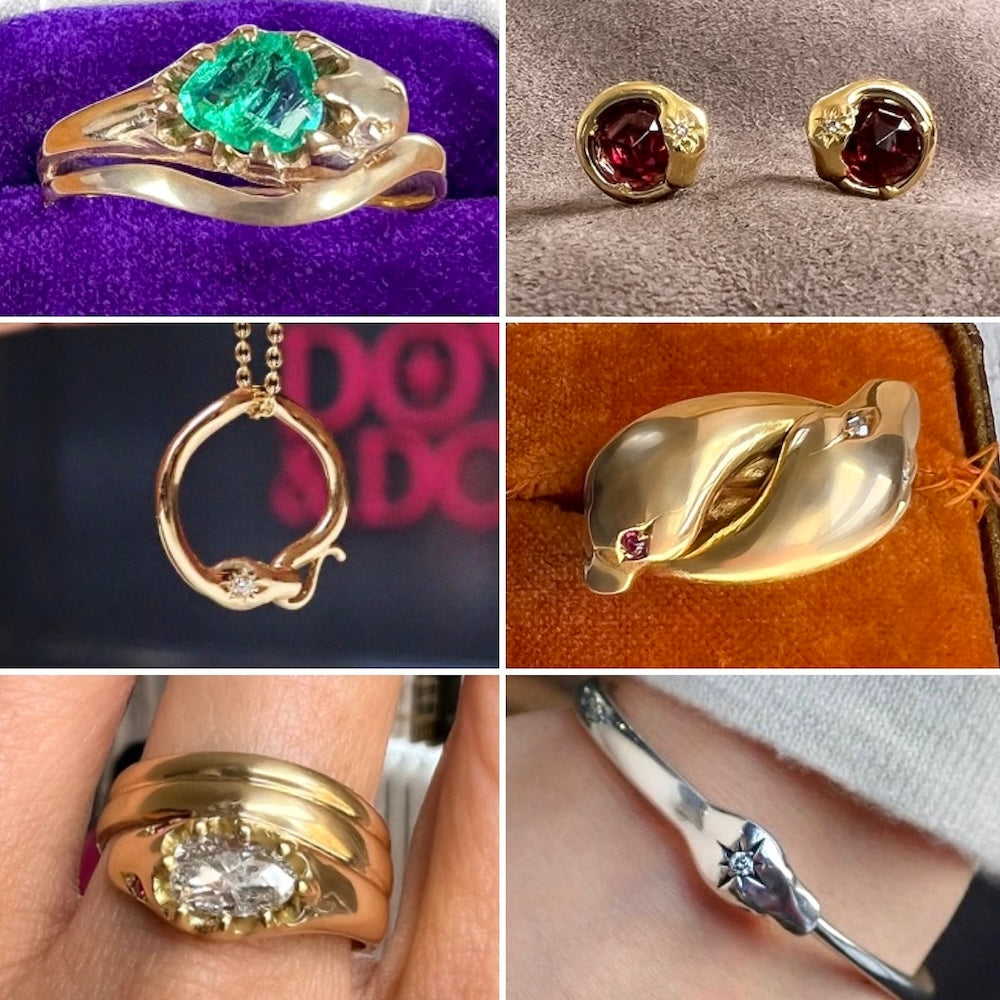 Snake jewelry, including antique Victorian snake rings and contemporary ouroboros pendants, from Doyle & Doyle jewelry