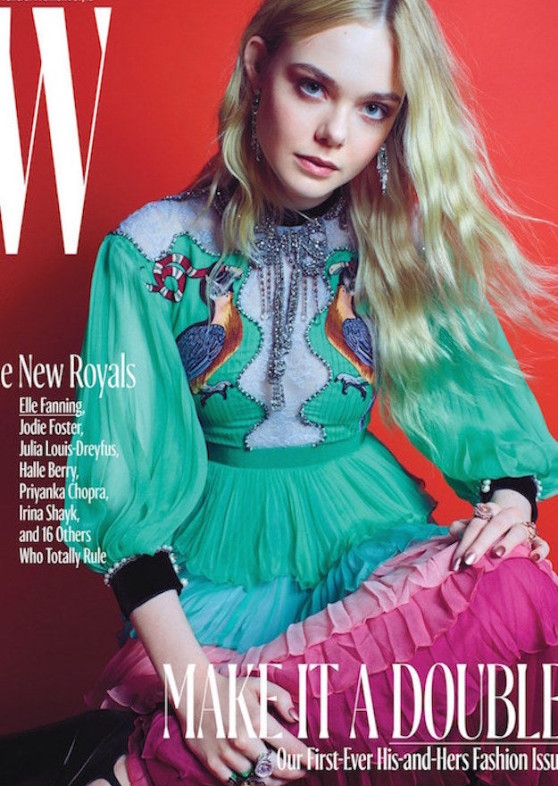 This image depicts a w magazine cover from oct 2016 featuring elle fanning