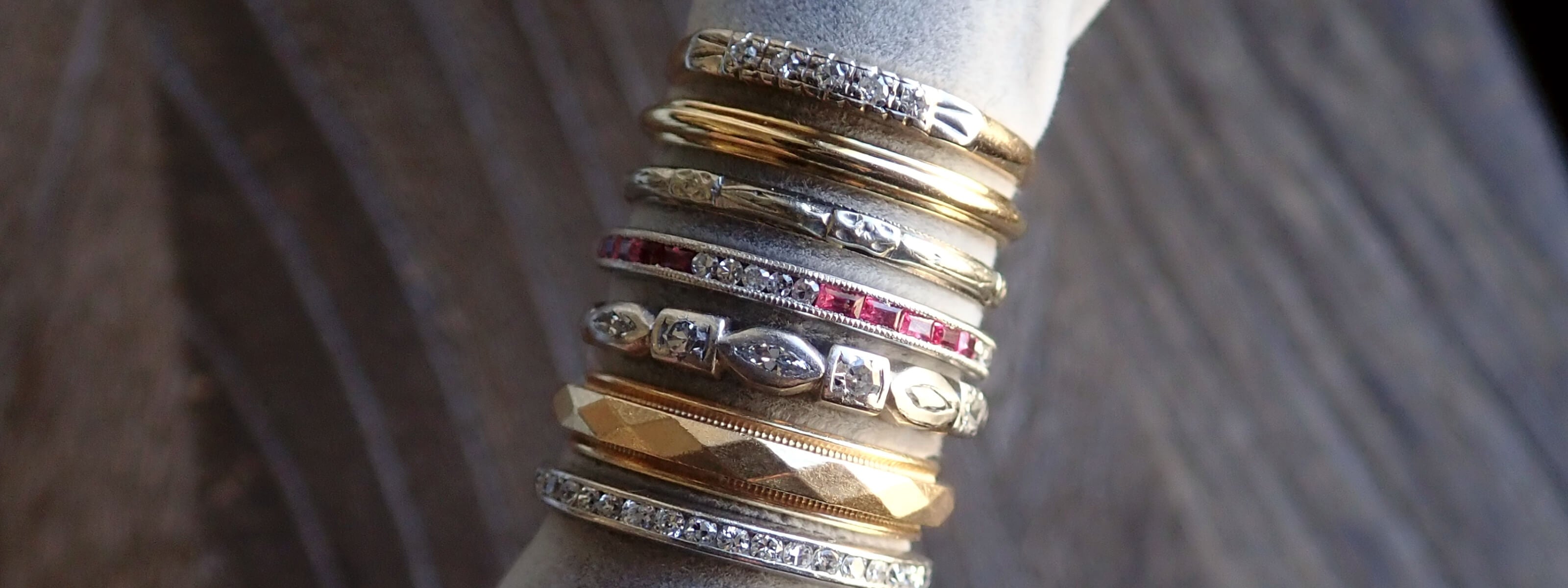 A variety of wedding bands on a display 