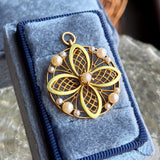 Antique Pearl & Green Enamel Pendant in yellow gold on coordinating chain, from Doyle & Doyle vintage and antique jewelry boutique