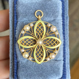Antique Pearl & Green Enamel Pendant in yellow gold on coordinating chain, from Doyle & Doyle vintage and antique jewelry boutique