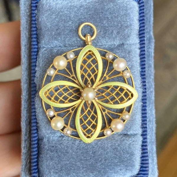 Antique Pearl & Green Enamel Pendant in yellow gold on coordinating chain, from Doyle & Doyle vintage and antique jewelry boutique